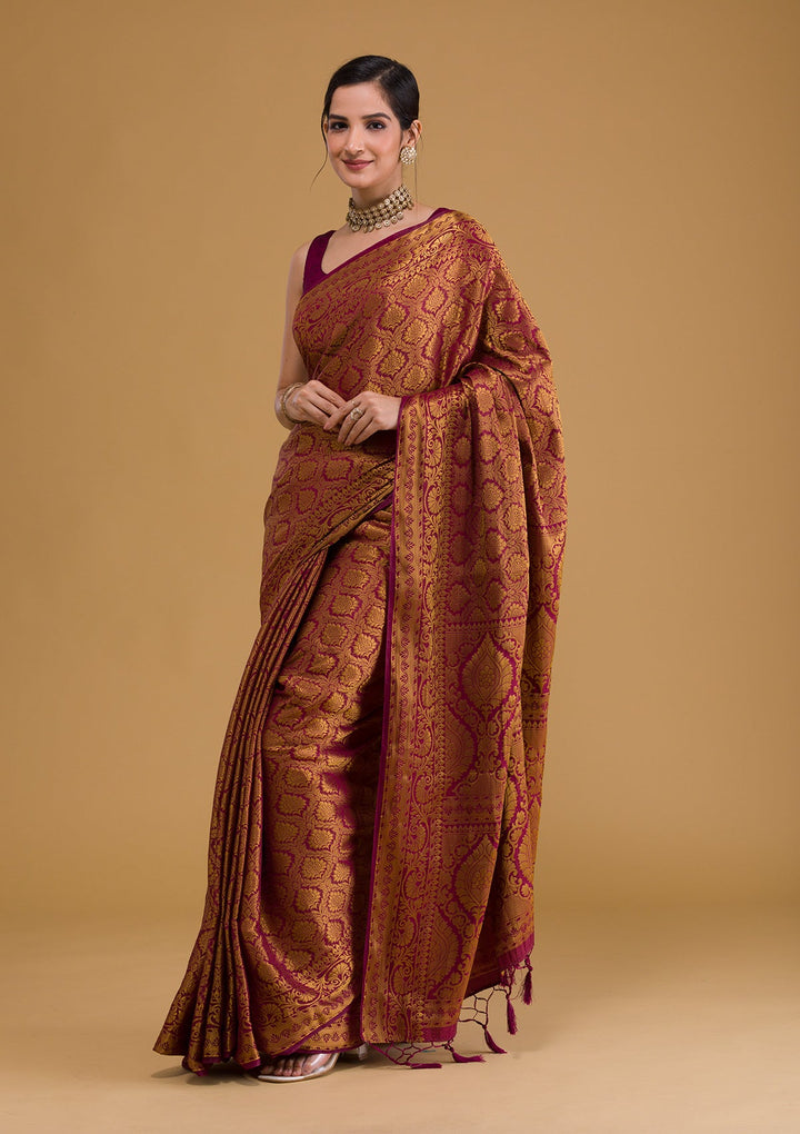 Wine Zariwork Art Silk Designer Saree-Koskii