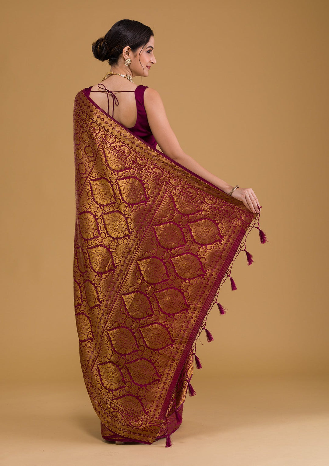 Wine Zariwork Banarasi Saree-Koskii