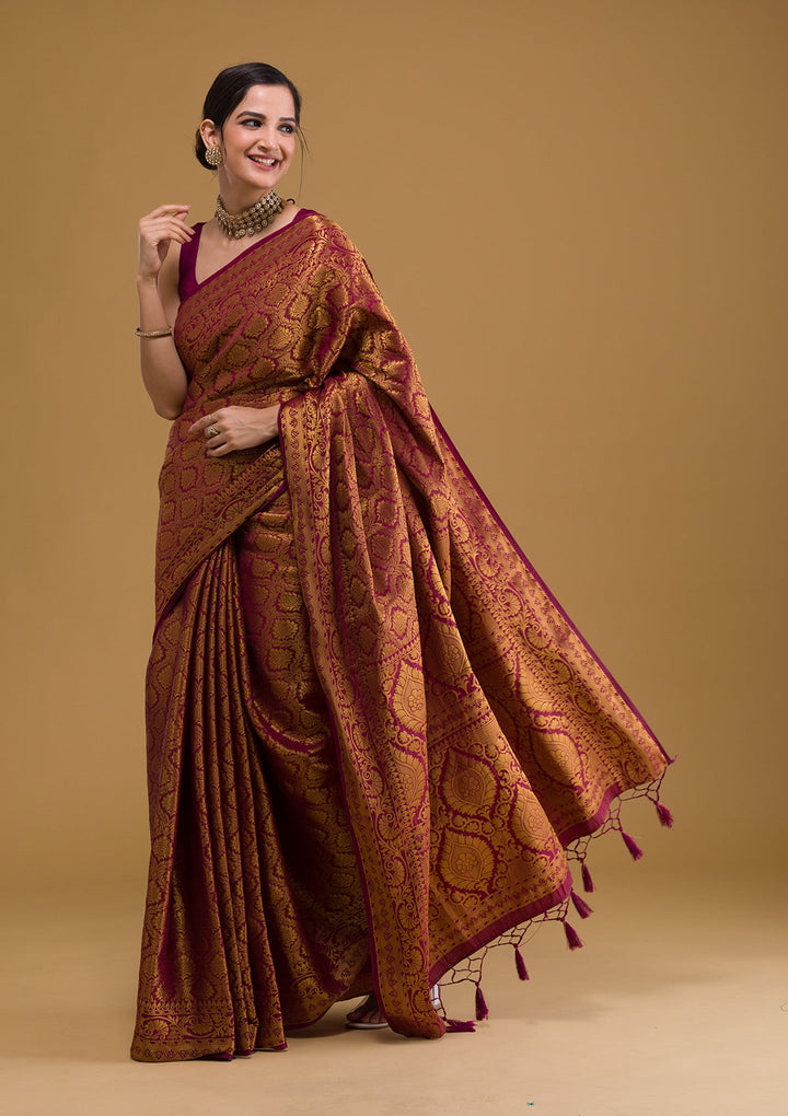 Wine Zariwork Banarasi Saree-Koskii
