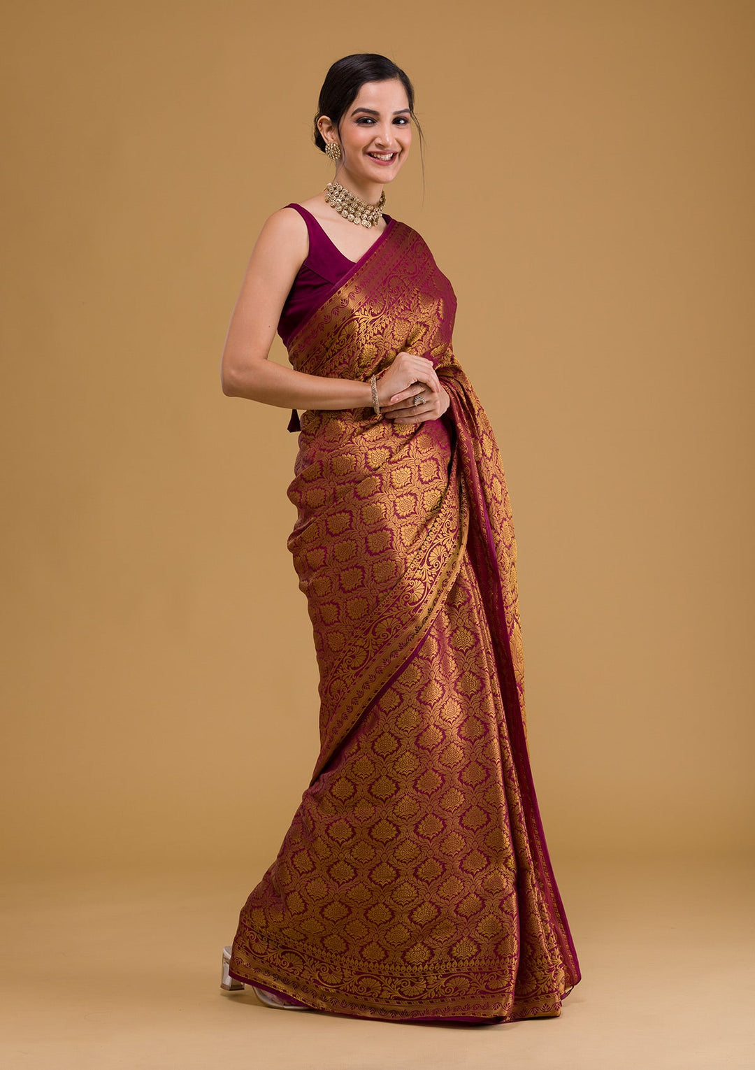 Wine Zariwork Banarasi Saree-Koskii