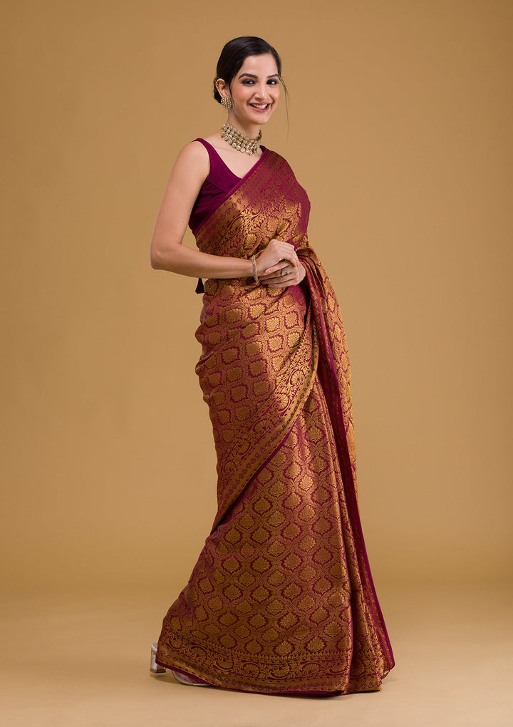 Wine Zariwork Banarasi Saree-Koskii