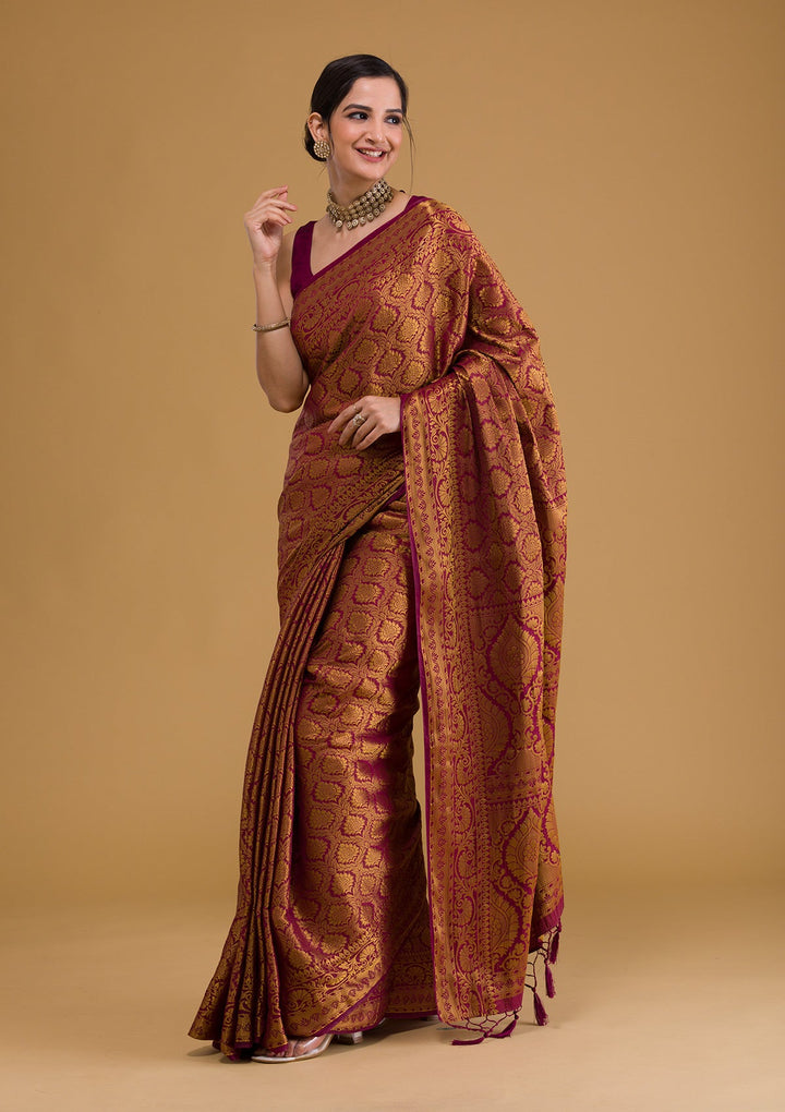 Wine Zariwork Banarasi Saree-Koskii