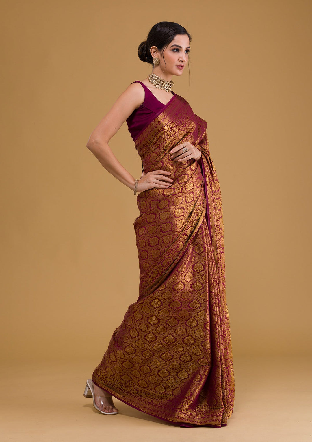 Wine Zariwork Banarasi Saree-Koskii