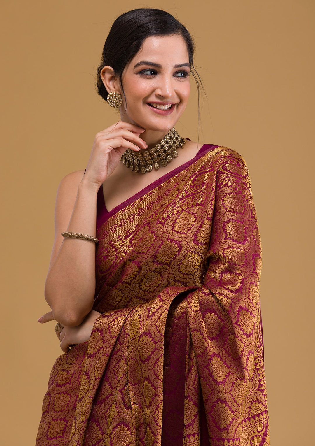 Wine Zariwork Banarasi Saree-Koskii