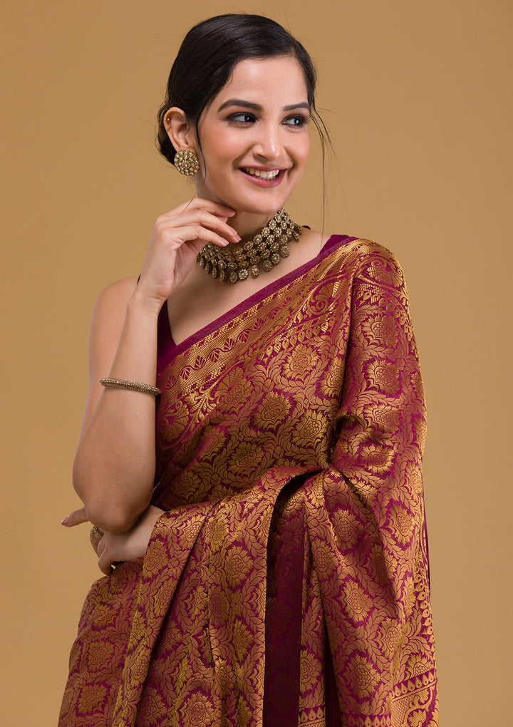 Wine Zariwork Banarasi Saree-Koskii