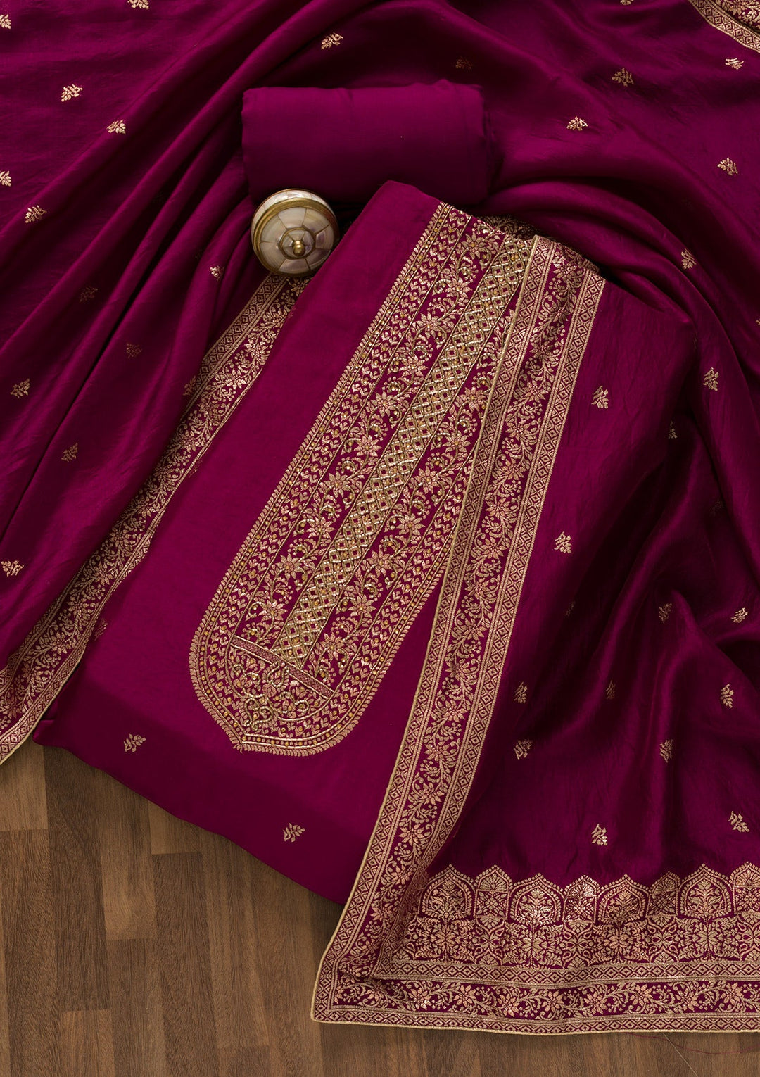Wine Zariwork Art Silk Unstitched Salwar Kameez-Koskii