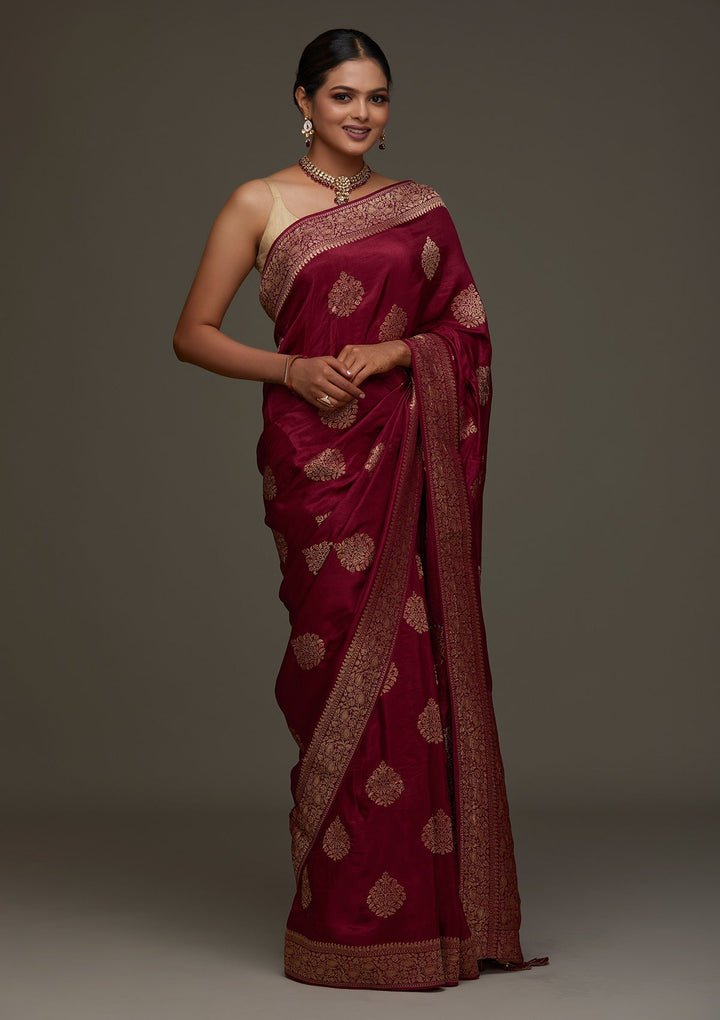 Wine Zariwork Banarasi Designer Saree- Koskii