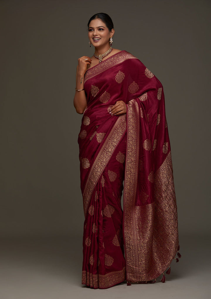 Wine Zariwork Banarasi Designer Saree - Koskii