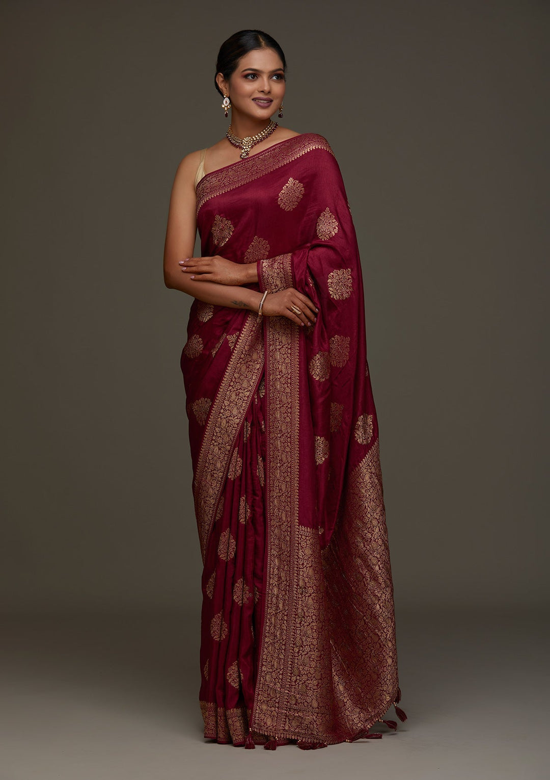 Wine Zariwork Banarasi Designer Saree - Koskii