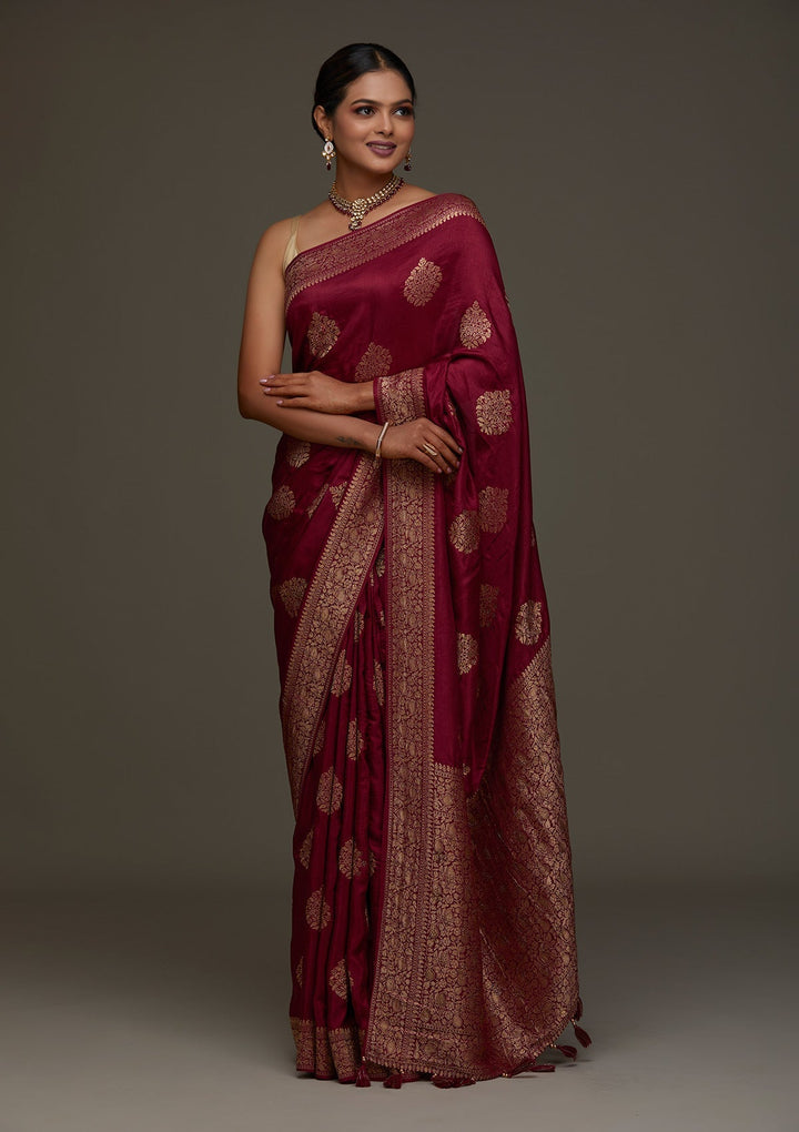 Wine Zariwork Banarasi Designer Saree - Koskii