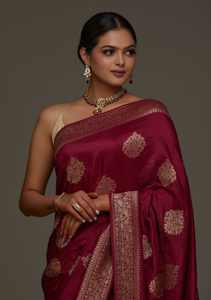 Wine Zariwork Banarasi Designer Saree - Koskii