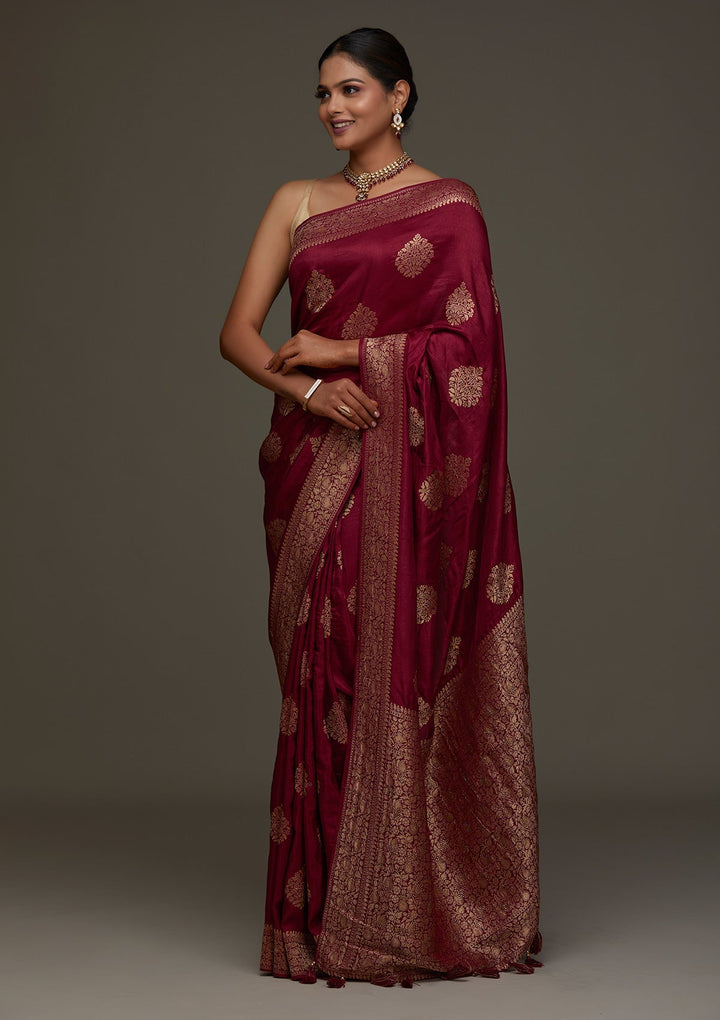 Wine Zariwork Banarasi Designer Saree - Koskii