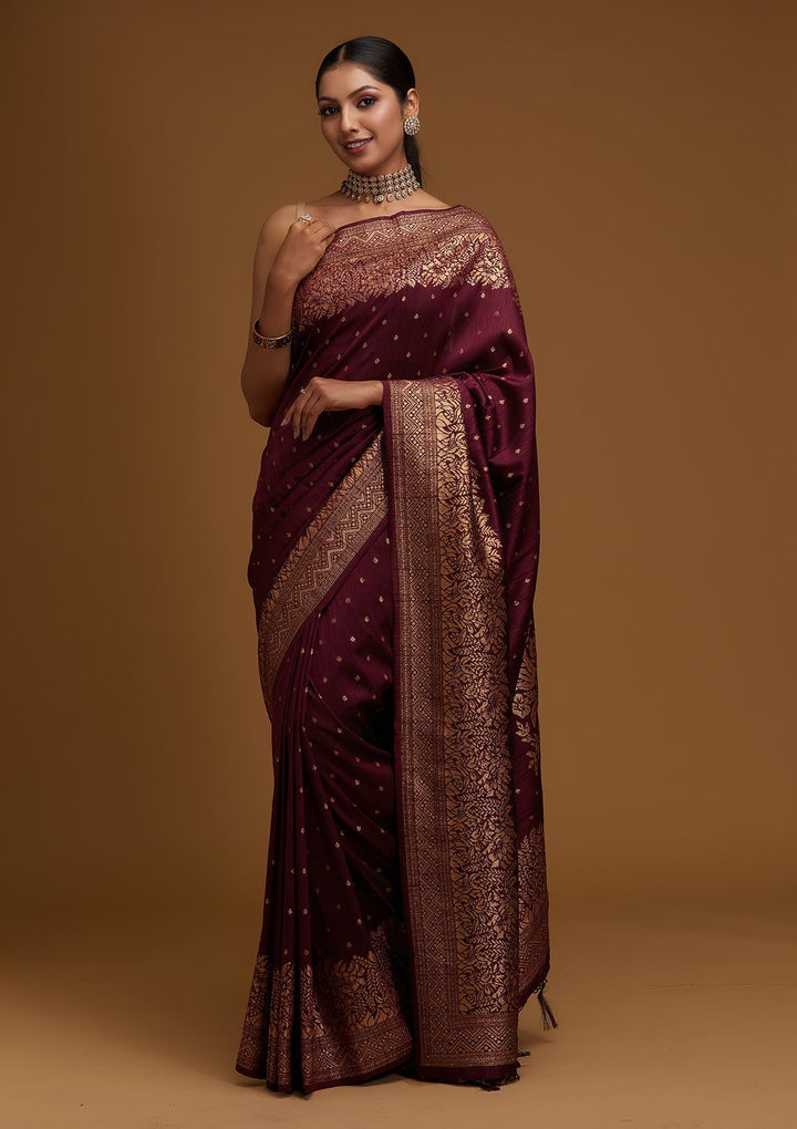 Wine Zariwork Banarasi Designer Saree - Koskii