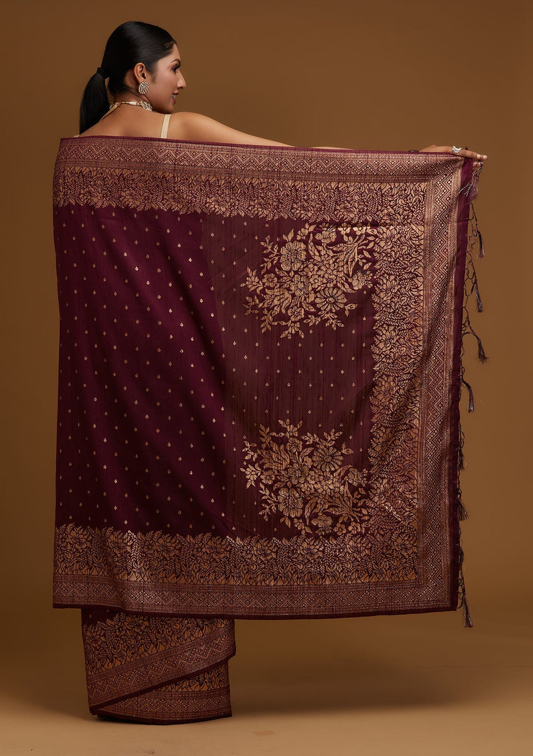 Wine Zariwork Banarasi Designer Saree - Koskii