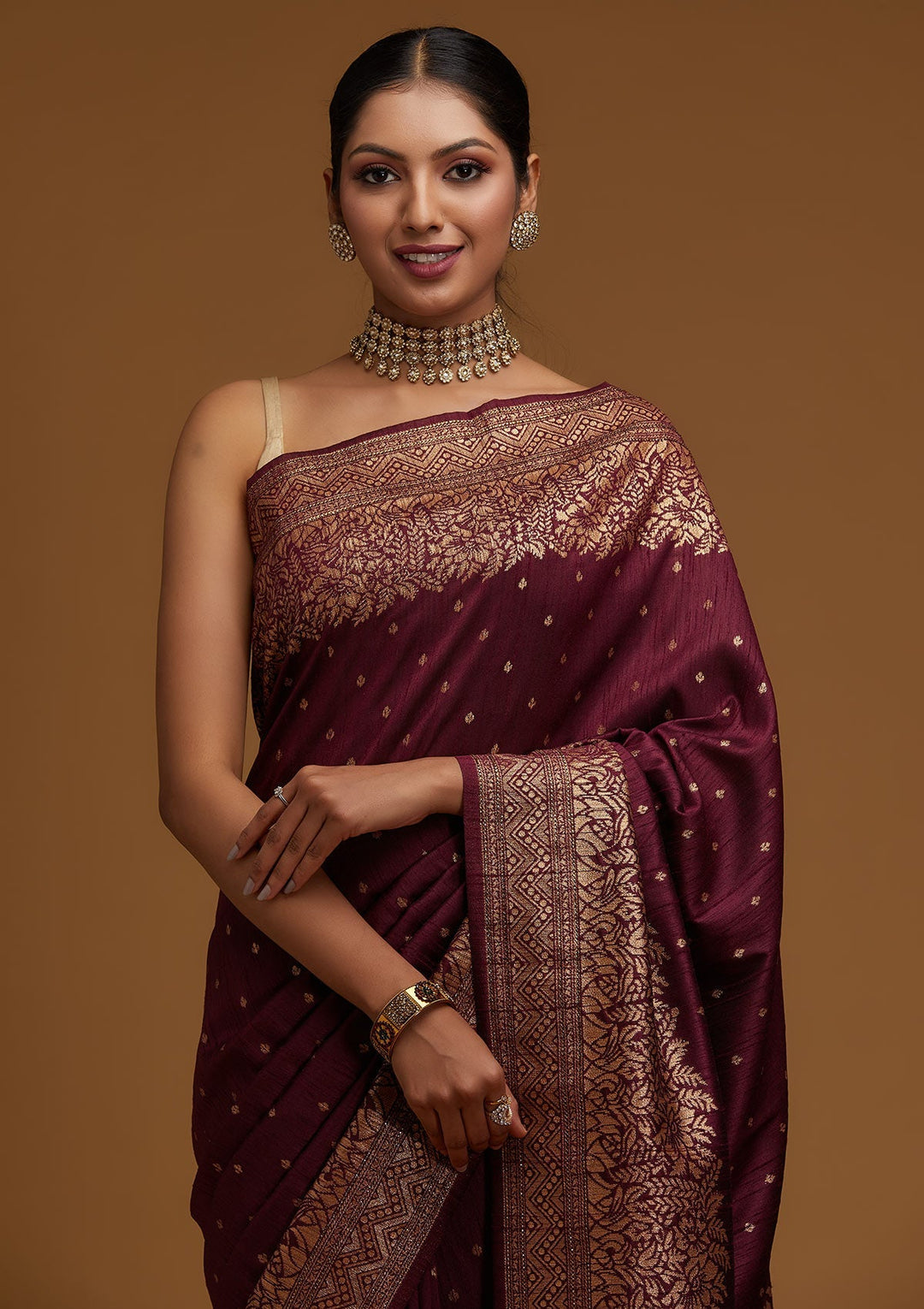Wine Zariwork Banarasi Designer Saree - Koskii
