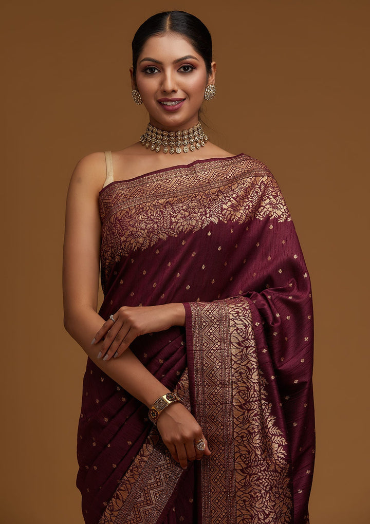 Wine Zariwork Banarasi Designer Saree - Koskii