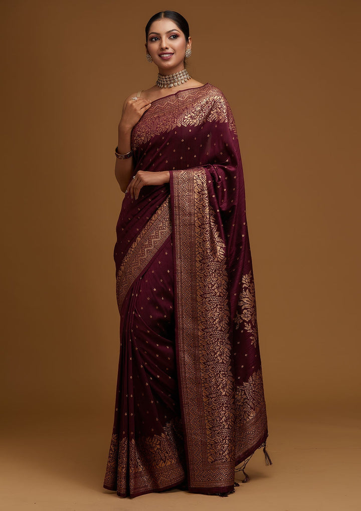 Wine Zariwork Banarasi Designer Saree - Koskii