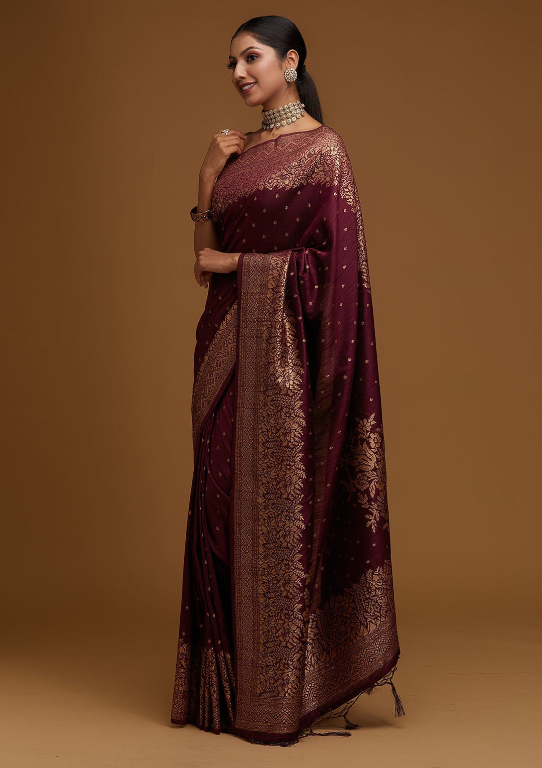 Wine Zariwork Banarasi Designer Saree - Koskii