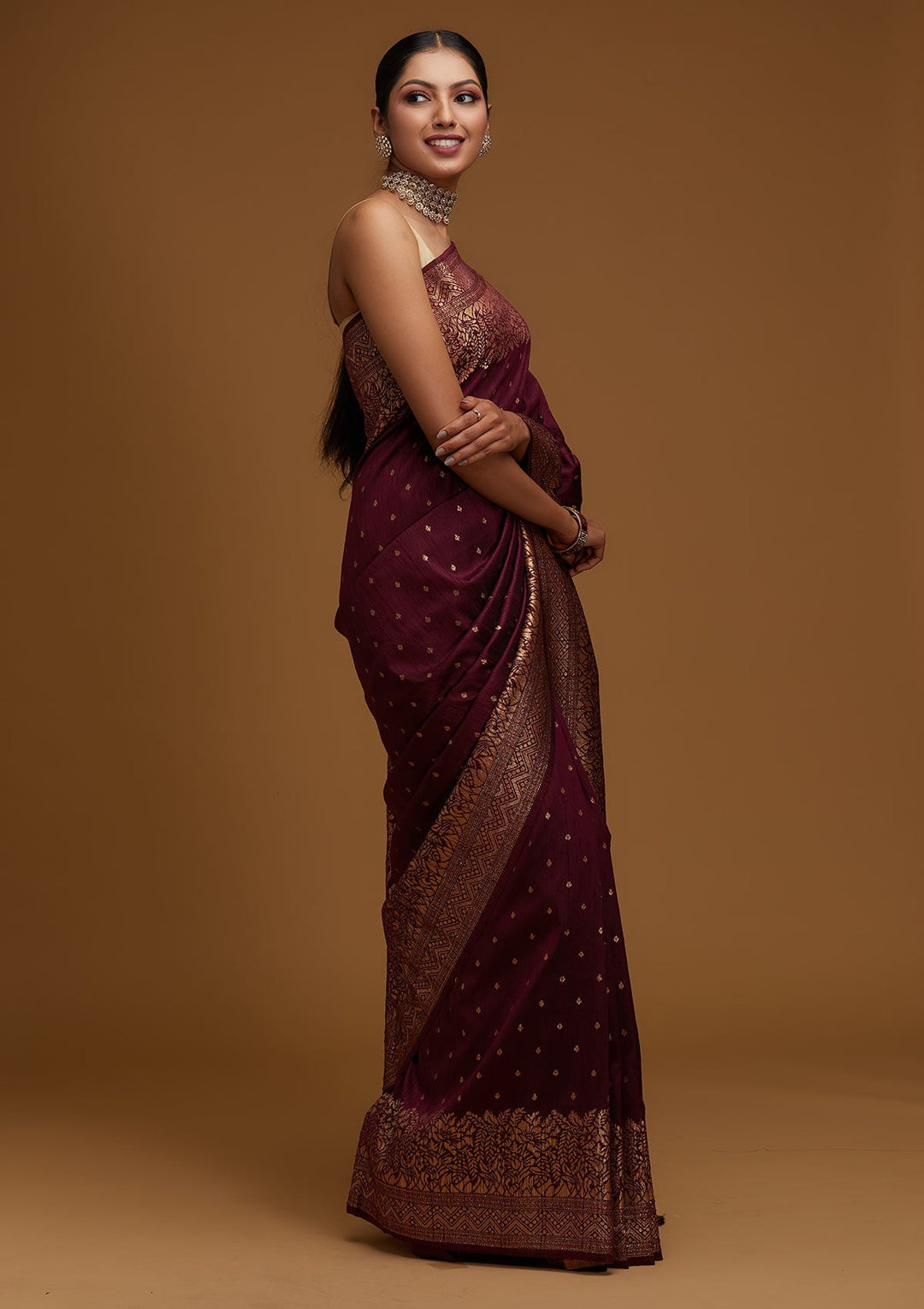 Wine Zariwork Banarasi Designer Saree - Koskii