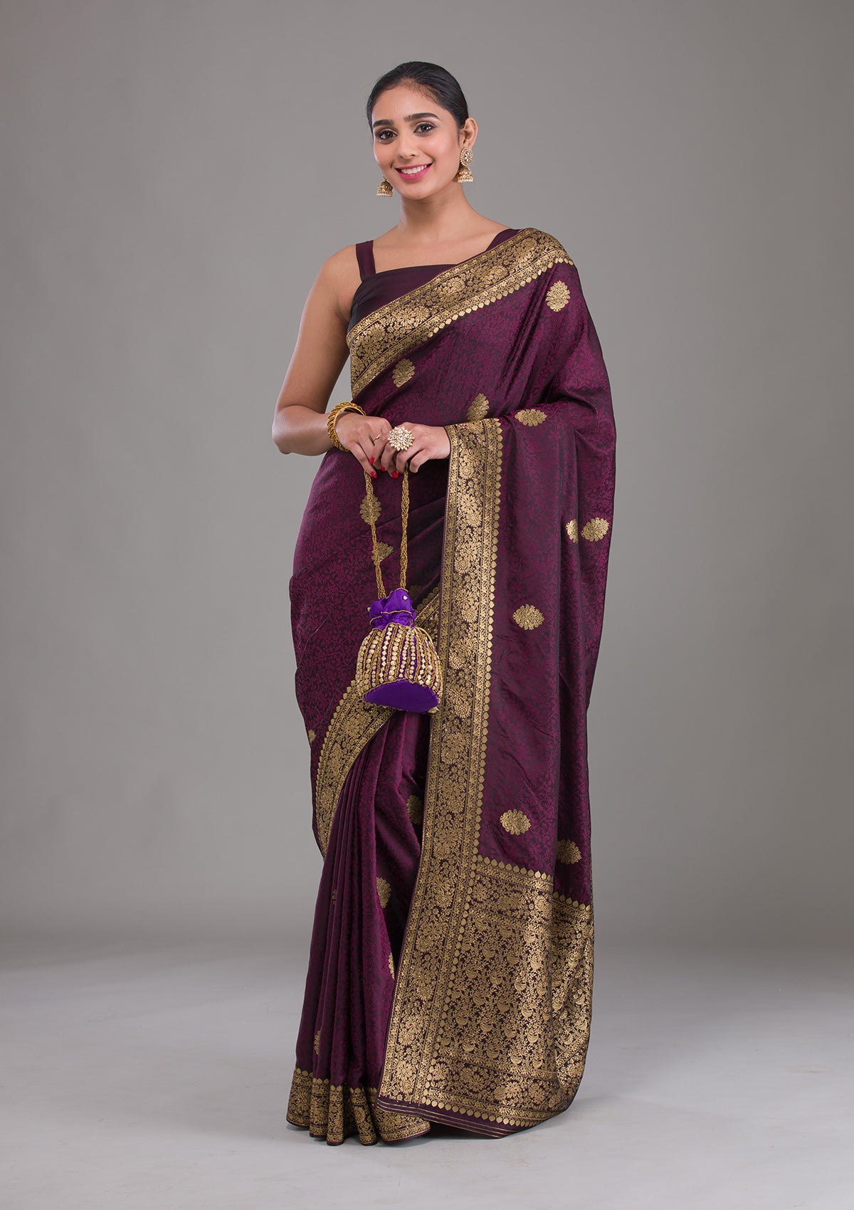 Wine Zariwork Brocade Saree-Koskii