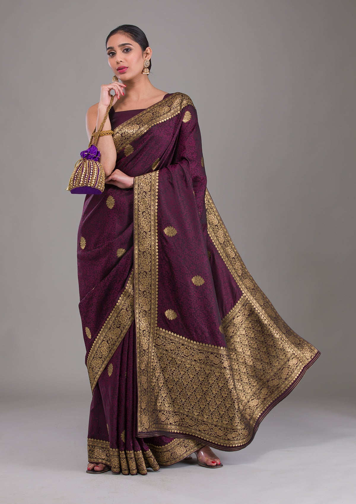 Wine Zariwork Brocade Saree-Koskii