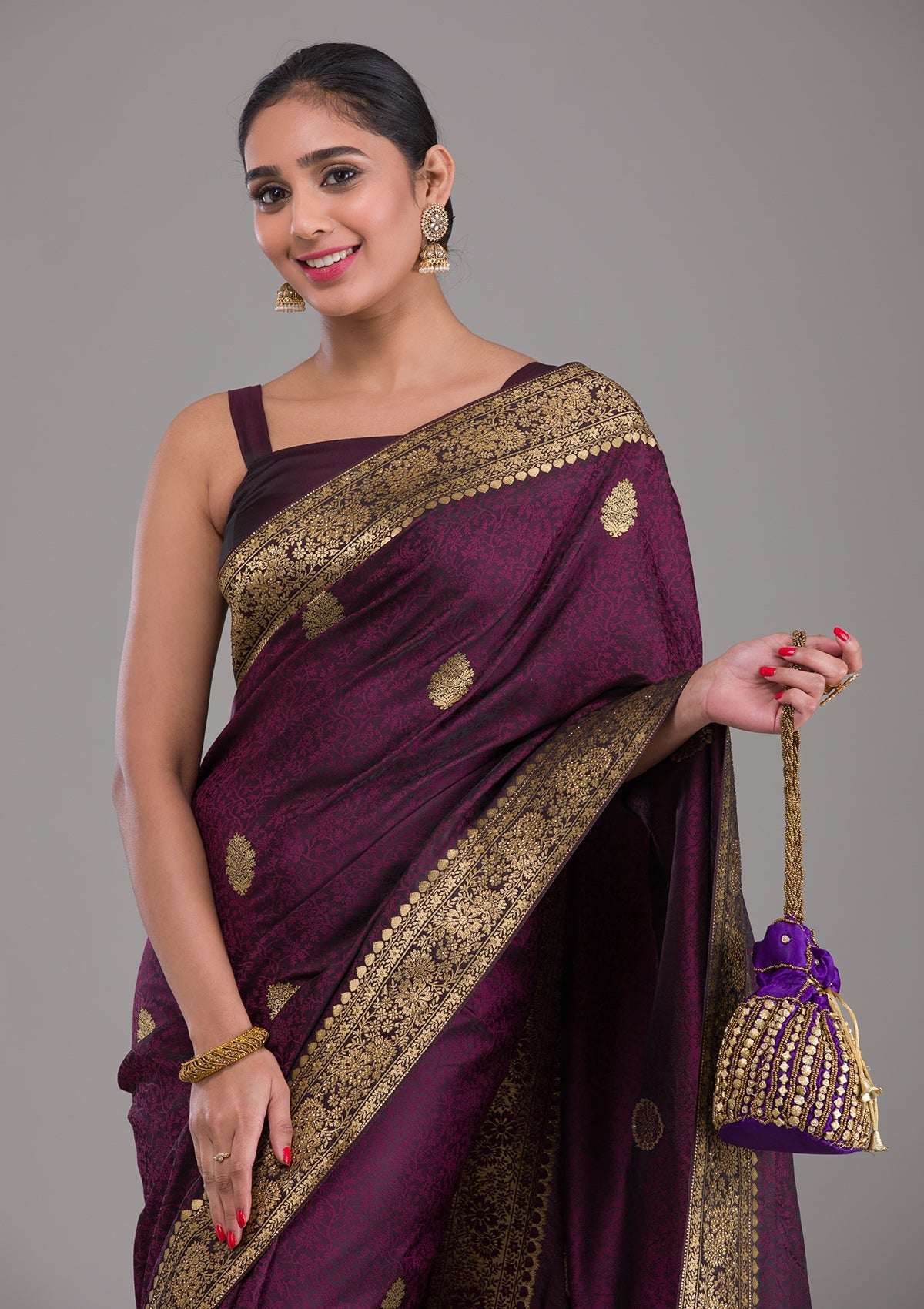 Wine Zariwork Brocade Saree-Koskii