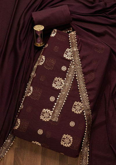 Wine Zariwork Chanderi Semi-Stitched Salwar Suit-Koskii