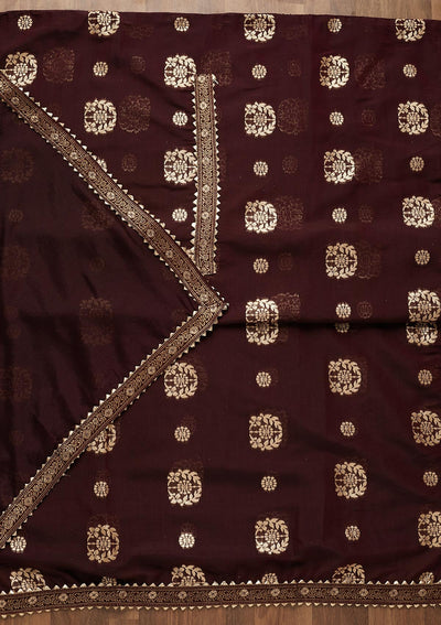 Wine Zariwork Chanderi Semi-Stitched Salwar Suit-Koskii