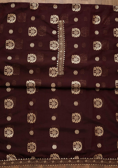 Wine Zariwork Chanderi Semi-Stitched Salwar Suit-Koskii