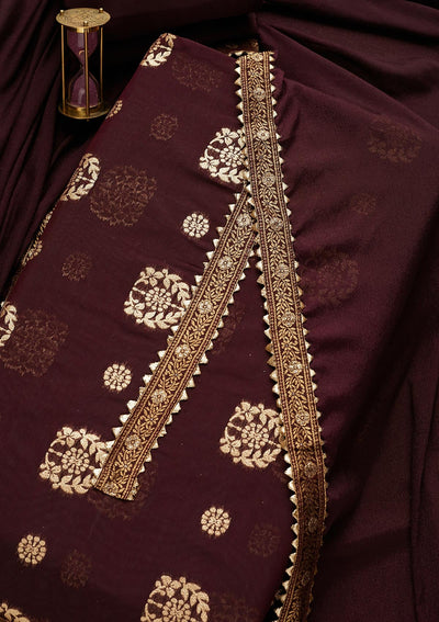 Wine Zariwork Chanderi Semi-Stitched Salwar Suit-Koskii