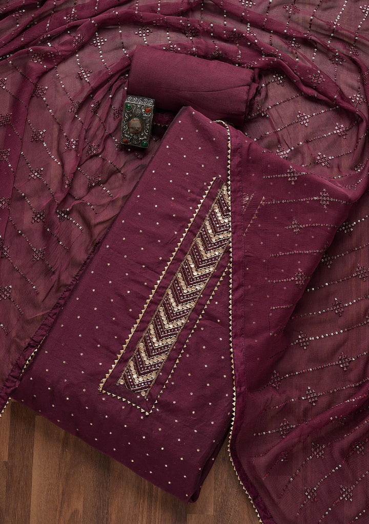 Wine Zariwork Chanderi Unstitched Salwar Suit- Koskii