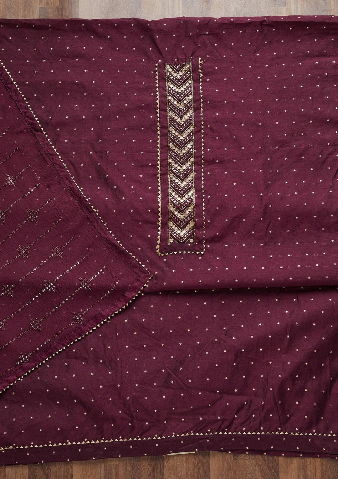 Wine Zariwork Chanderi Unstitched Salwar Suit - Koskii