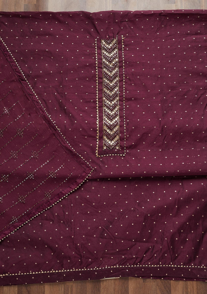 Wine Zariwork Chanderi Unstitched Salwar Suit - Koskii