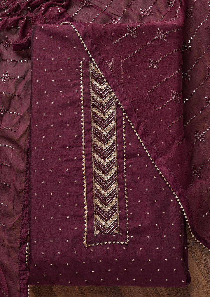 Wine Zariwork Chanderi Unstitched Salwar Suit - Koskii