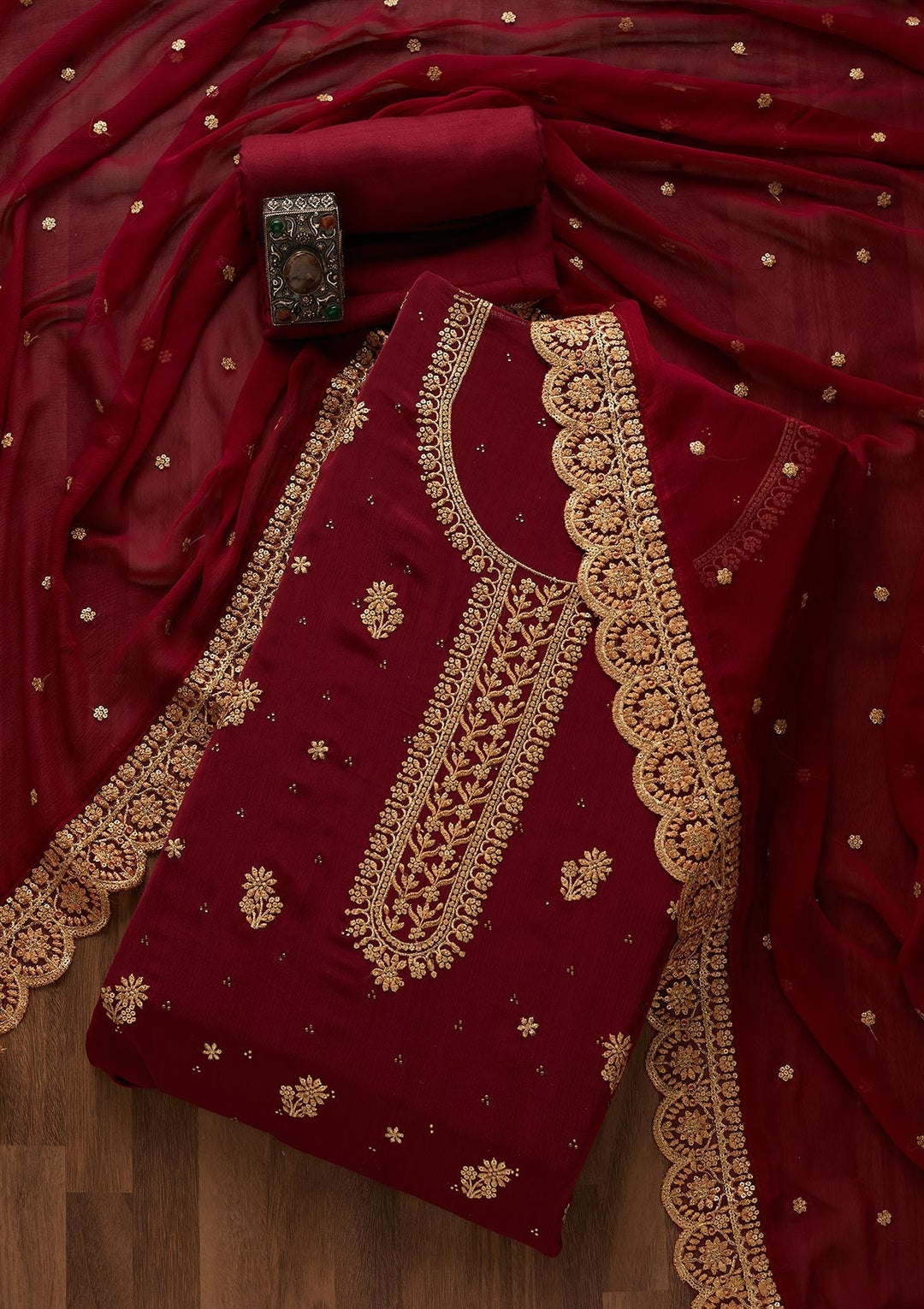 Wine Zariwork Chiffon Unstitched Salwar Suit - Koskii