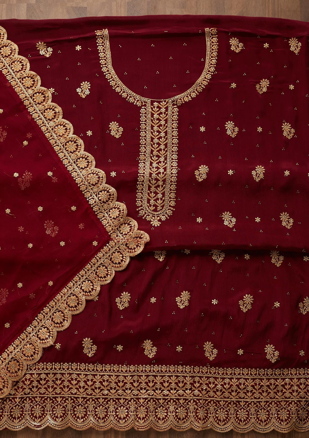 Wine Zariwork Chiffon Unstitched Salwar Suit - Koskii