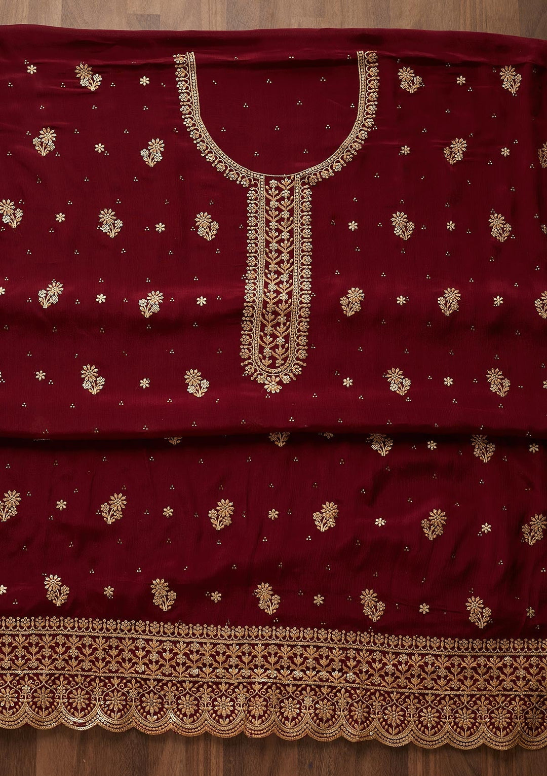Wine Zariwork Chiffon Unstitched Salwar Suit - Koskii
