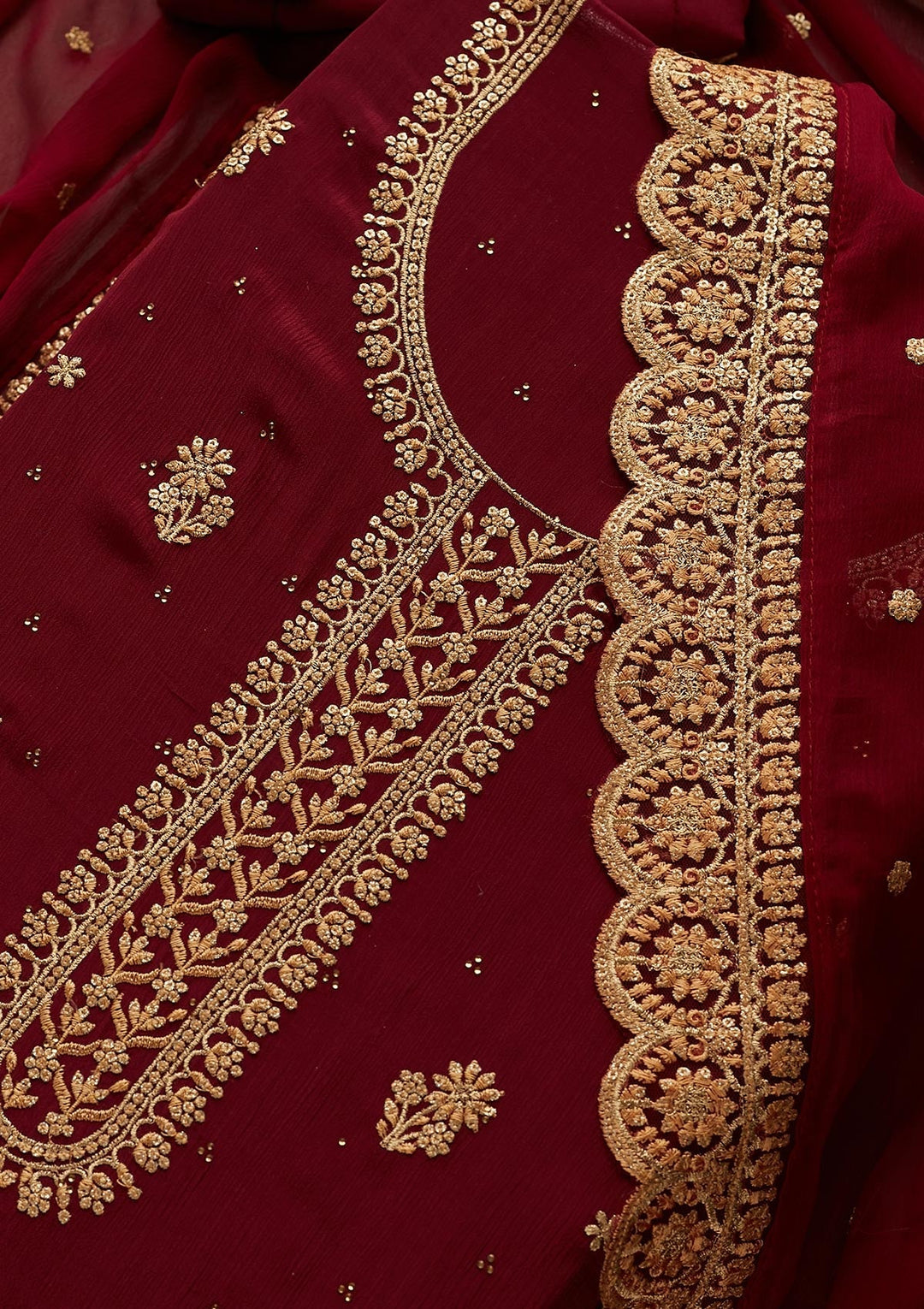 Wine Zariwork Chiffon Unstitched Salwar Suit - Koskii