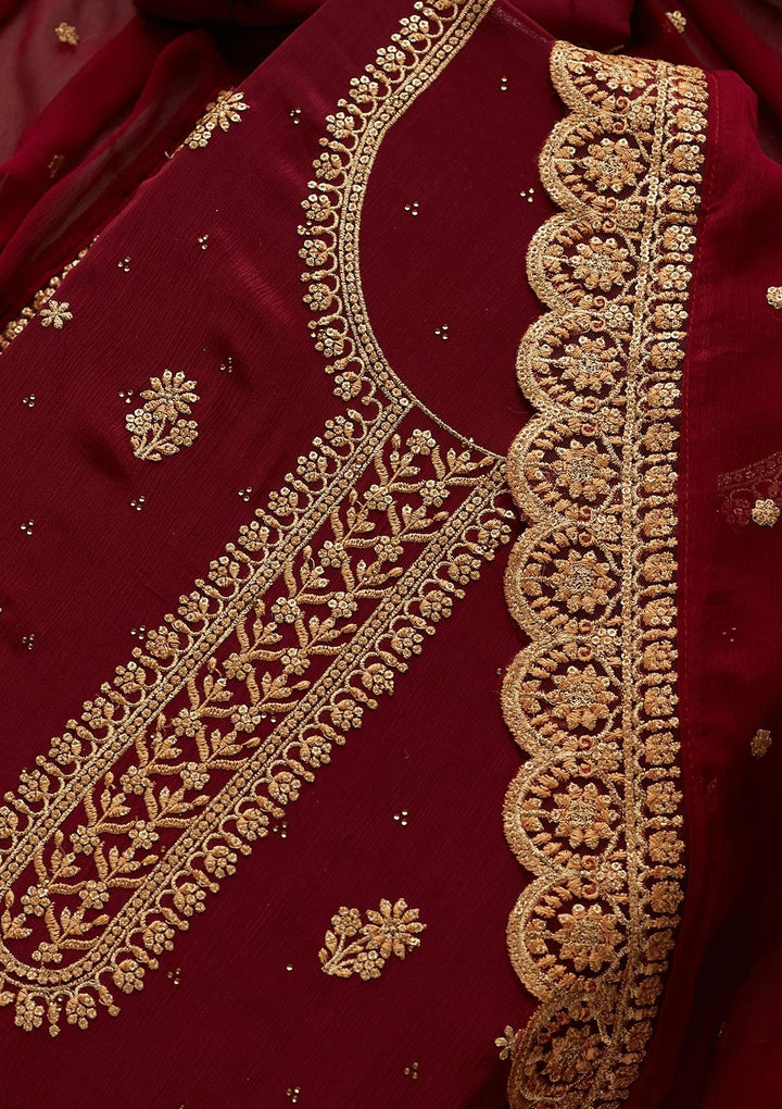 Wine Zariwork Chiffon Unstitched Salwar Suit - Koskii