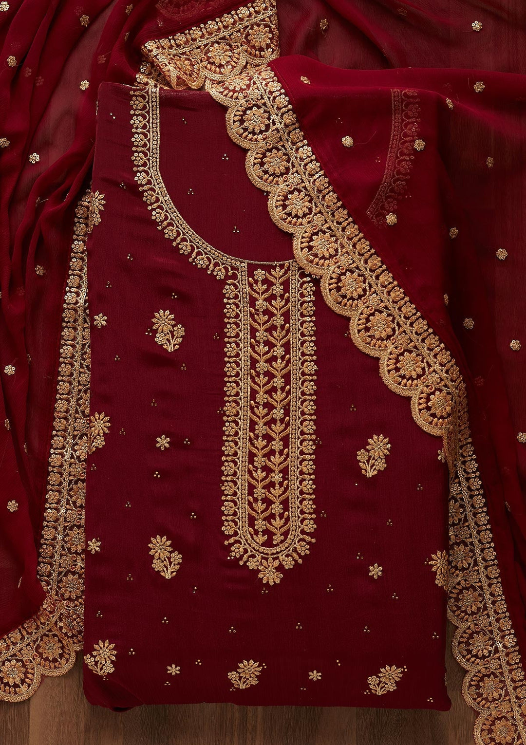 Wine Zariwork Chiffon Unstitched Salwar Suit - Koskii