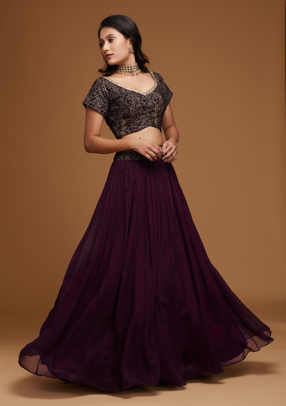 Wine Zariwork Georgette Designer Lehenga-Koskii