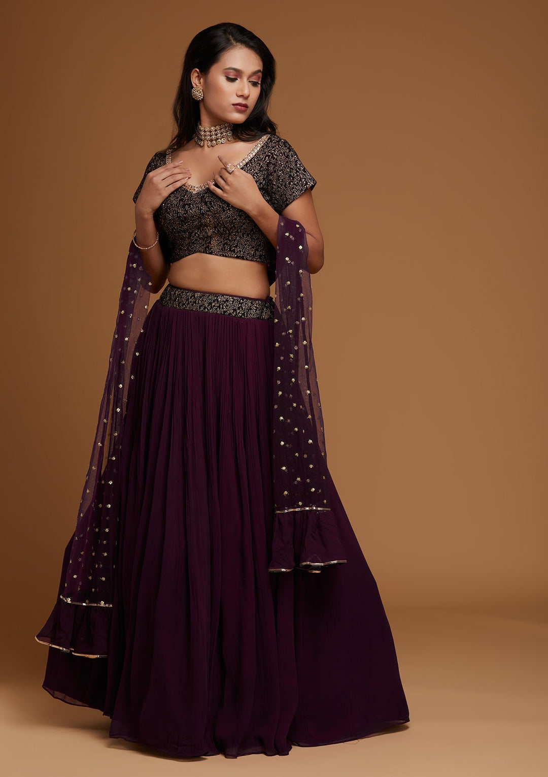 Wine Zariwork Georgette Designer Lehenga - Koskii