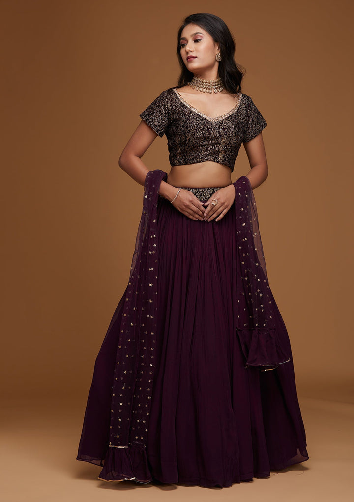 Wine Zariwork Georgette Designer Lehenga - Koskii