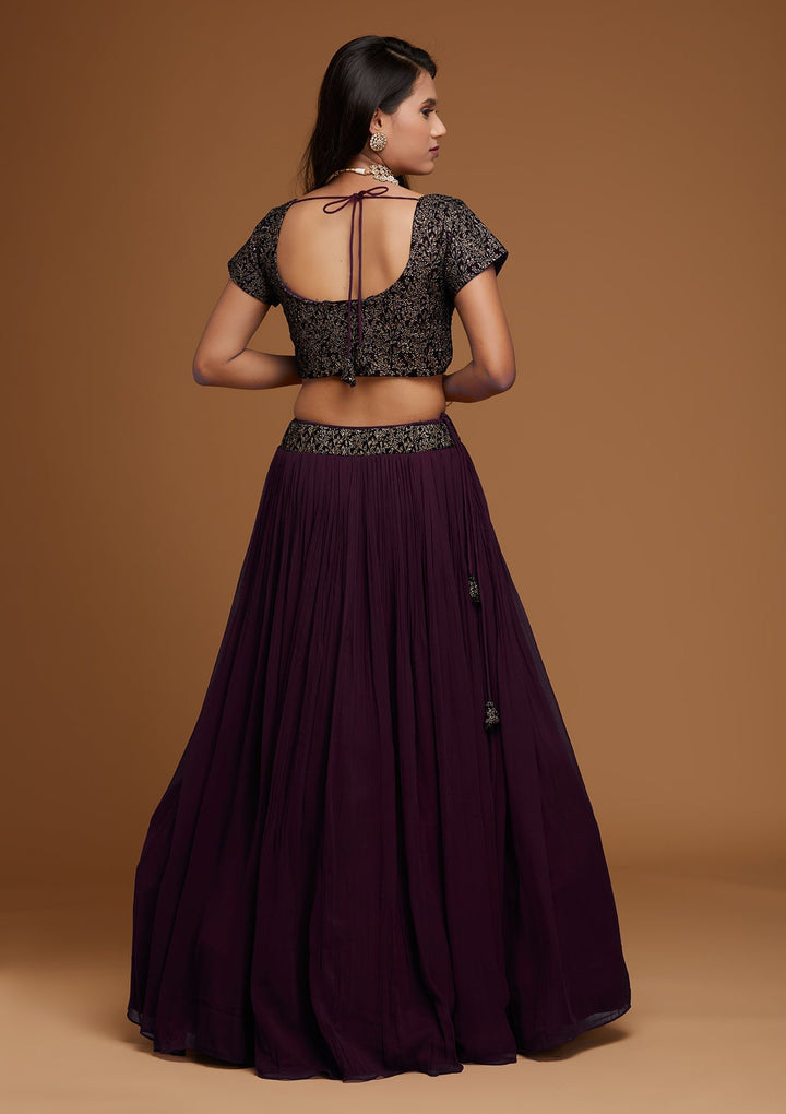 Wine Zariwork Georgette Designer Lehenga - Koskii