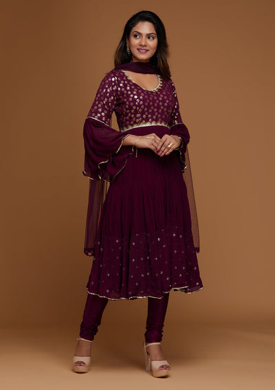 Wine Zariwork Georgette Designer Salwar Suit - Koskii