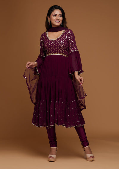 Wine Zariwork Georgette Designer Salwar Suit - Koskii