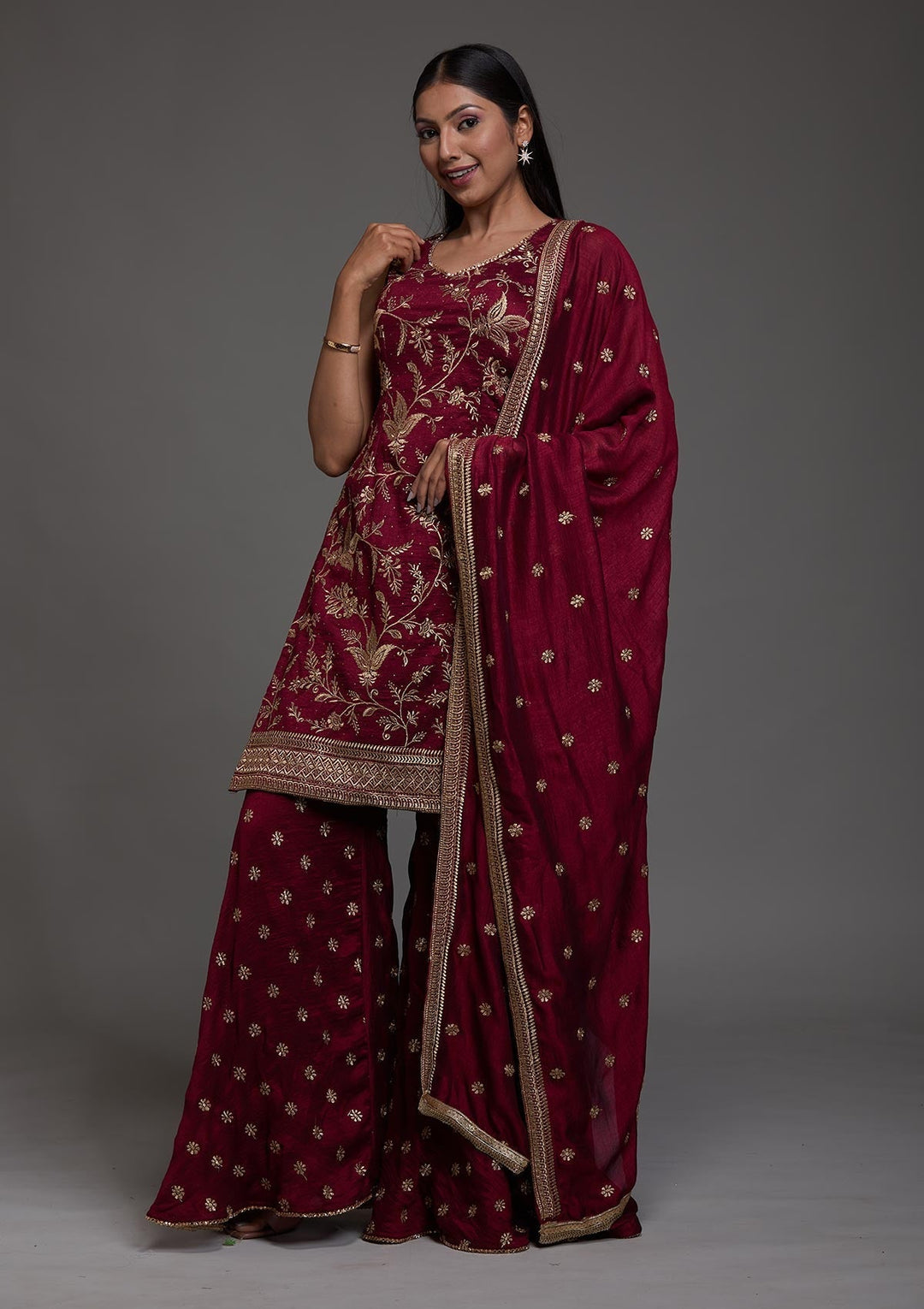 Wine Zariwork Raw Silk Designer Salwar Suit-Koskii