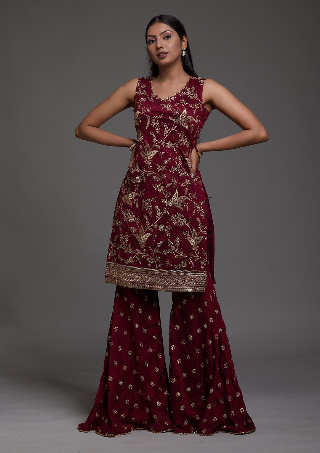 Wine Zariwork Raw Silk Designer Salwar Suit-Koskii