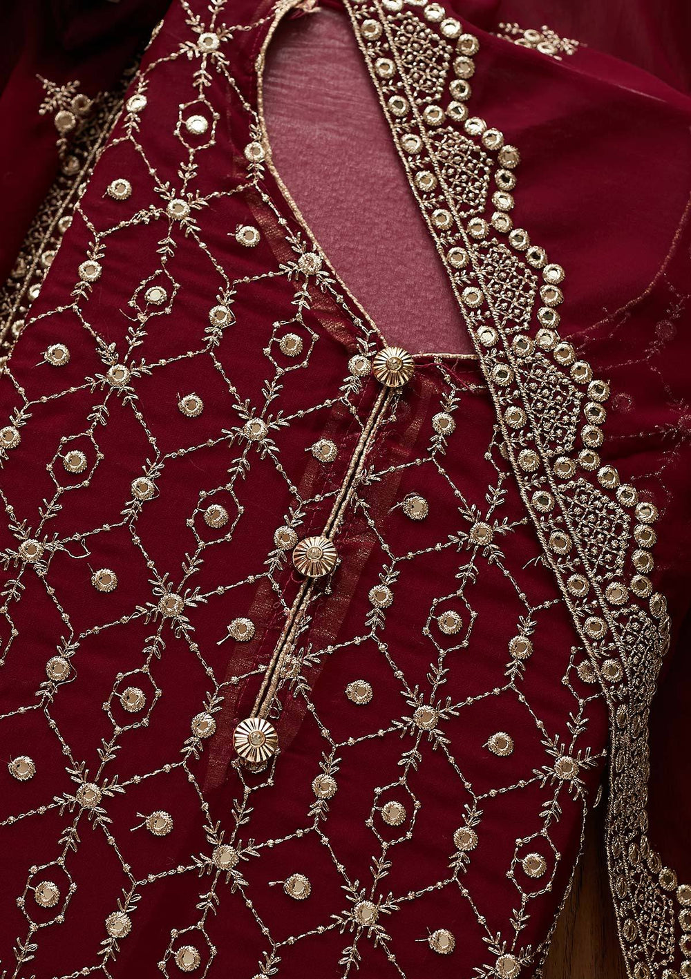 Wine Zariwork Georgette Designer Semi-Stitched Salwar Suit - Koskii