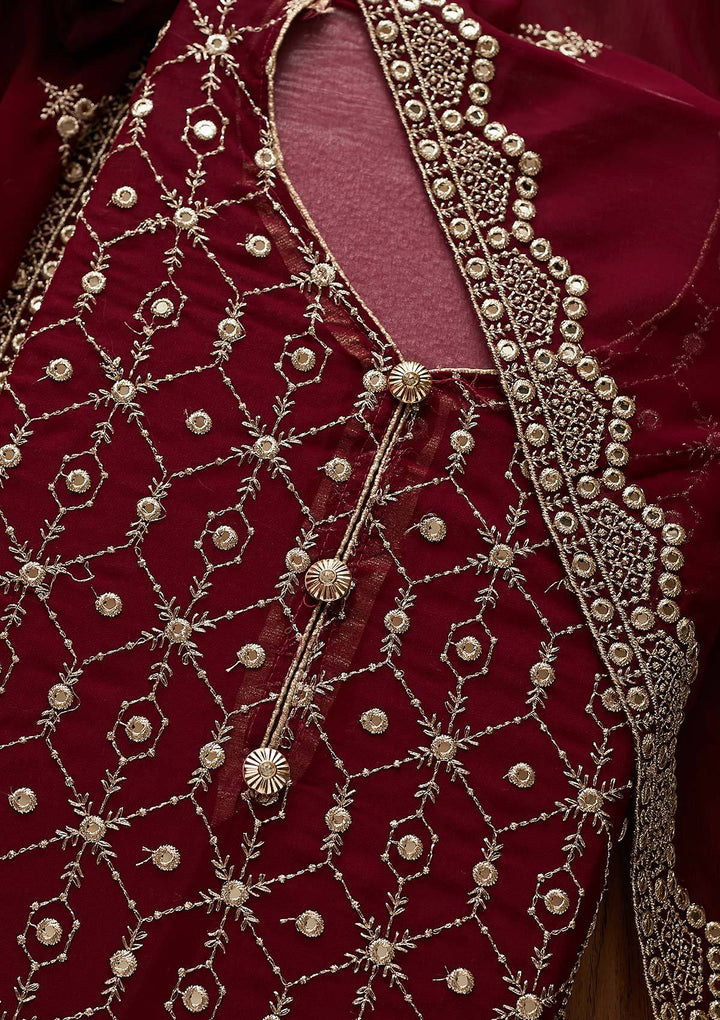 Wine Zariwork Georgette Designer Semi-Stitched Salwar Suit - Koskii